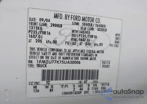 2005 Ford Explorer Sport Trac Adrenalin/Xls/Xlt из США, поврежденный, VIN 1FMZU77K75UA30006